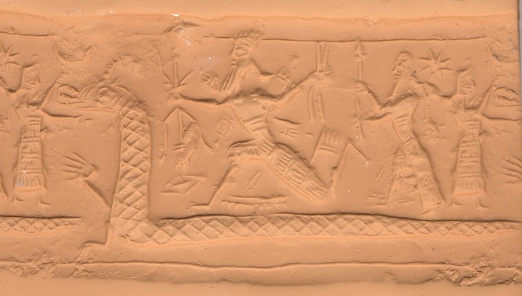 Assyrian cylinder seal depicting the battle between a sky / storm god and a dragon. Photo from British Museum. CC BY-SA 4.0