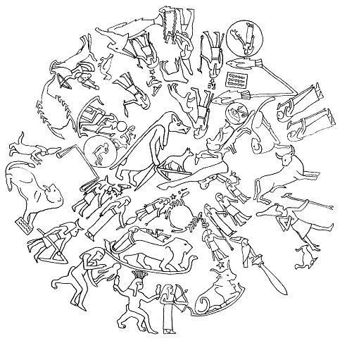 The Round Zodiac from Dendera dating from the first century BCE. At the centre we find a canid and the bull's thigh.